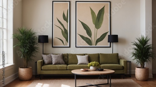 A stylish living room with an olive green sofa set against a soft colour wall featuring vertical poster frame mock-ups in wooden frame borders 3d illustration template.
