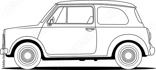 a side view of a classic compact car with simple, clean lines and minimal detailing, highlighting its vintage design