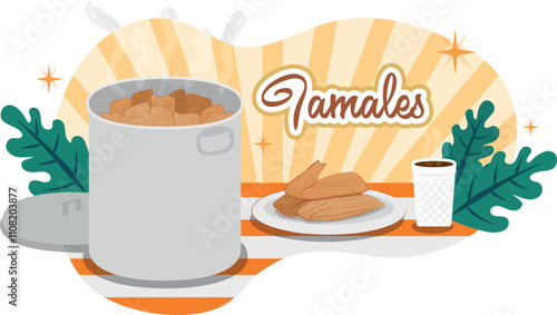 Ilustración olla de tamales y vaso de unicel con café caliente. Puesto callejero México