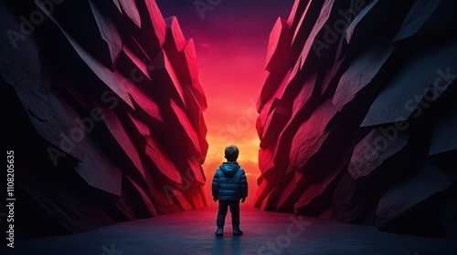 A Child Standing in a Dramatic Canyon Surrounded by Multicolored Rock Formations Against a Stunning Sunset Sky
