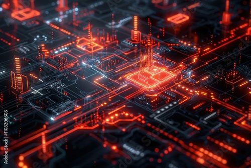 Wallpaper Mural Digital circuit board with glowing red and blue elements, representing technology. Torontodigital.ca