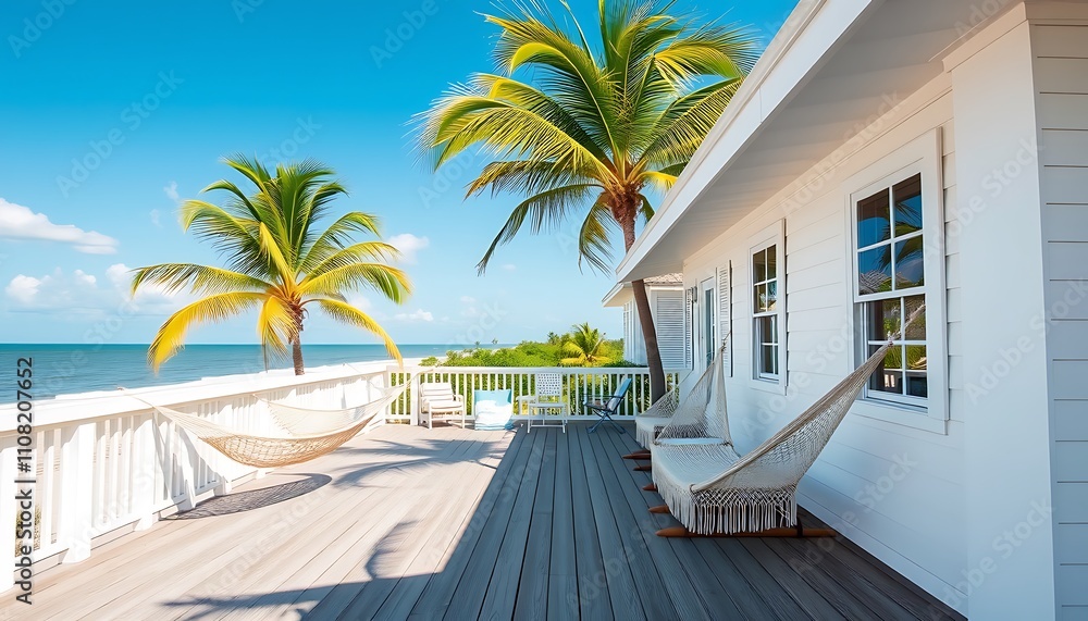 Fototapeta premium A picturesque beach bungalow wallpaper featuring bright white siding, a large deck with hammocks, and palm trees swaying in the breeze, embodying the laid-back coastal lifestyle of Key West, Florida.