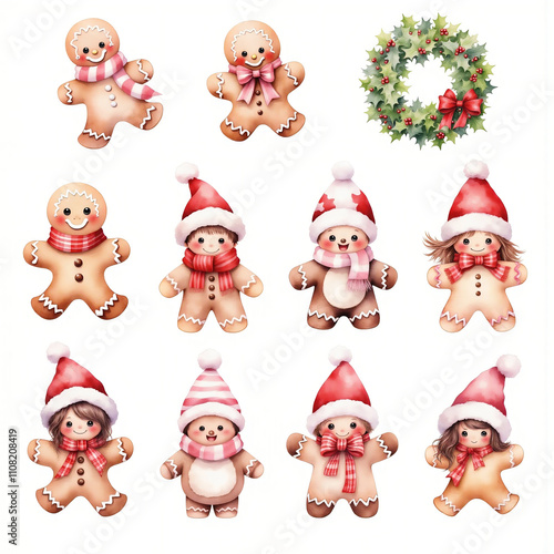 Collection of festive gingerbread characters in holiday outfits with a decorative Christmas wreath, isolated on a white background, symbolizing holiday cheer and Christmas spirit