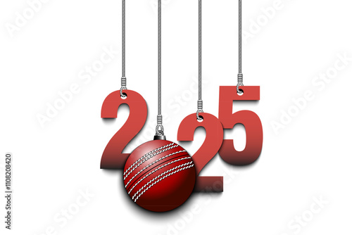 Numbers 2025 and cricket ball as a Christmas decorations are hanging on strings. New Year 2025 are hang on cords. Template design for greeting card. Vector illustration on isolated background