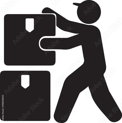 Illustration of a stickman icon wearing a hat, stacking cardboard boxes, symbolizing organization, packing, or moving tasks