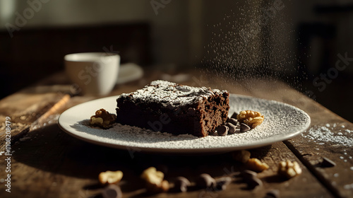 Delicious Fudgy Brownies on a Rustic Table, Perfectly Baked with a Dash of Power and Crunchy Walnuts photo