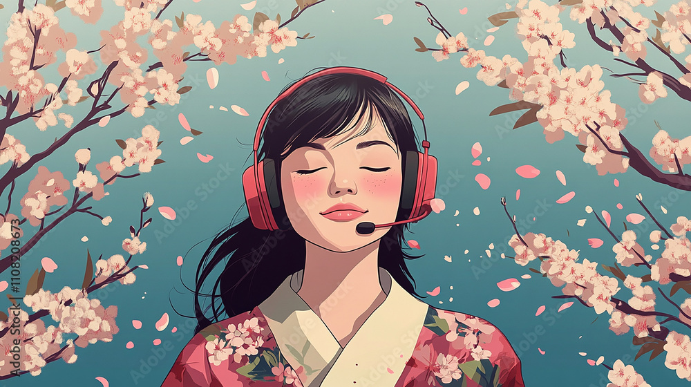 Stylish young Japanese woman enjoying a peaceful moment of relaxation with headphones, perfect for lifestyle and leisure themes. Stylish young Japanese woman enjoying a peaceful moment of relaxation with headphones, perfect for lifestyle and leisure themes.