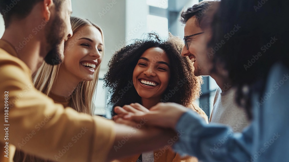 Obraz premium Happy diverse teammates joining hands, celebrating corporate success in office
