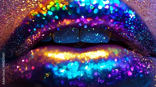 Vibrant glitter lips under colorful lighting. Generative AI 4K Video