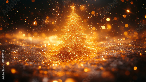 A golden Christmas tree on a black background.