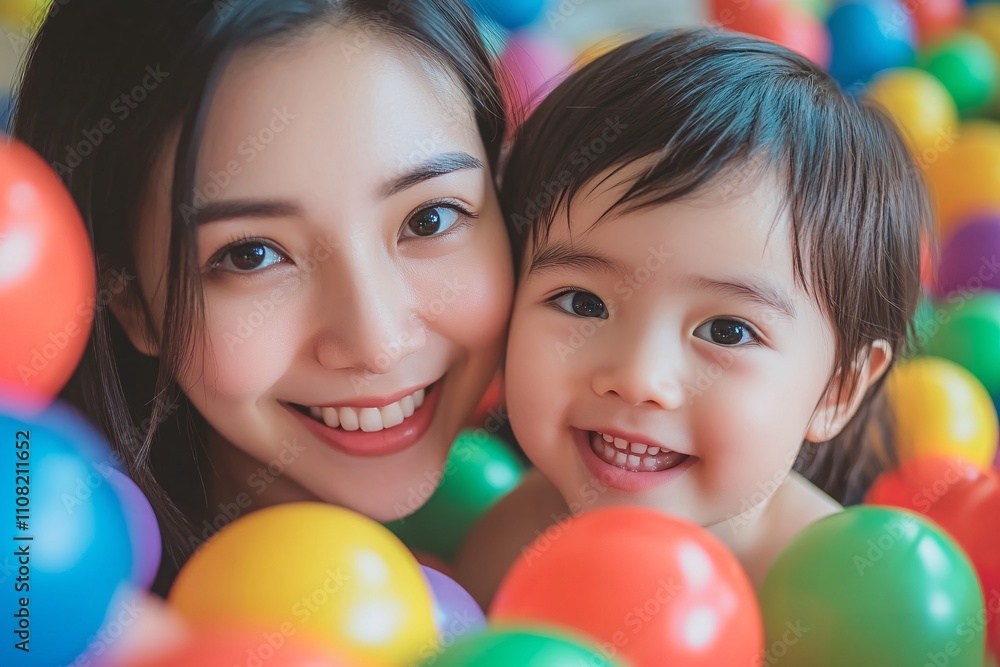 Obraz premium Wide angle of mother and kid in vibrant ball pool, smiling faces, colorful balls surrounding, bright indoor light, close-up expressions, energetic and joyful scene 2