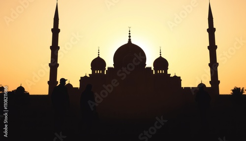 Silhouette of a mosque at sunset with people. photo