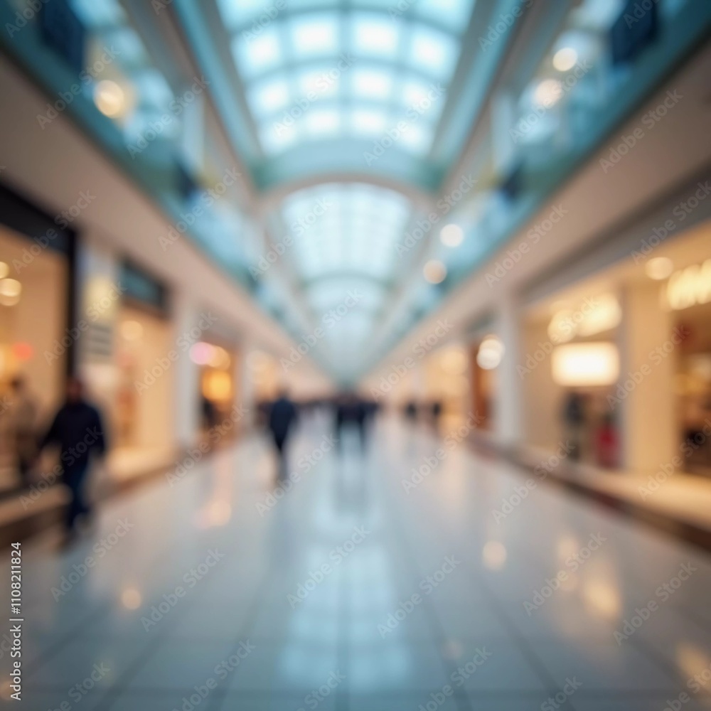 Fototapeta premium A bustling shopping mall features a spacious, bright corridor filled with shoppers. Storefronts line either side, creating a lively and inviting environment for all visitors. Defocused bokeh. AI