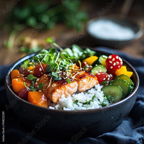 Bang bang salmon rice bowls on dark bowl, wooden surface, close up