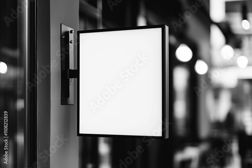 Blank store signage sign design mockup isolated, Clear shop template. Street hanging mounted on the wall. Signboard for logo presentation. Metal cafe restaurant bar plastic badge black white. photo