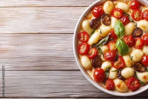 Close-up of a gnocchi with eggplant and mozzarella, wooden surface, flat lay, space for text