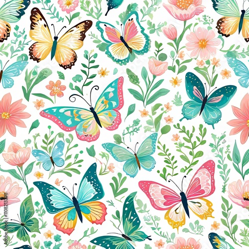 Stunning composition of butterflies amidst backdrop of colorful petals, greenery, reflecting natures beauty, diversity. Perfect for nature lovers, creative projects, decorations, greeting card, print.