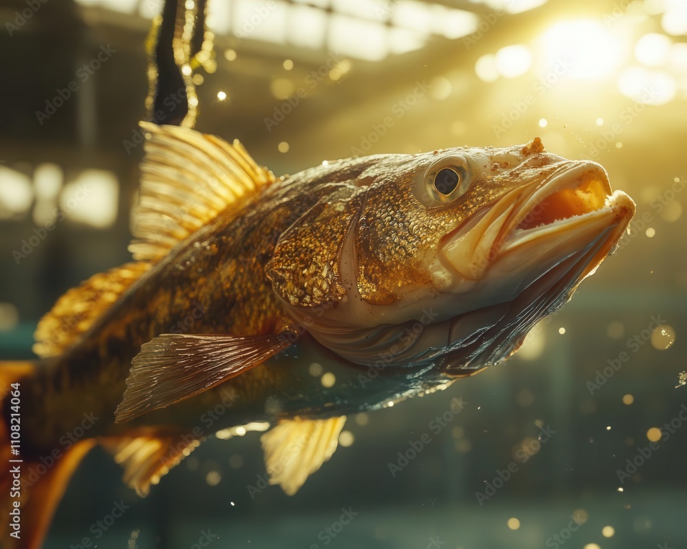 Obraz premium Atlantic cod being documented for marine research, industrial setup with warm sunlight