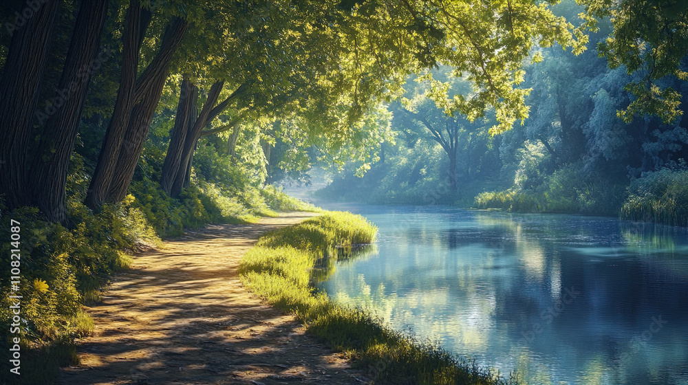 A serene river scene is depicted, featuring a winding, unpaved path that hugs the water's edge. On either side of the path, tall trees with dense, leafy canopies provide a vibrant green backdrop. Sunl A serene river scene is depicted, featuring a winding, unpaved path that hugs the water's edge. On either side of the path, tall trees with dense, leafy canopies provide a vibrant green backdrop. Sunl