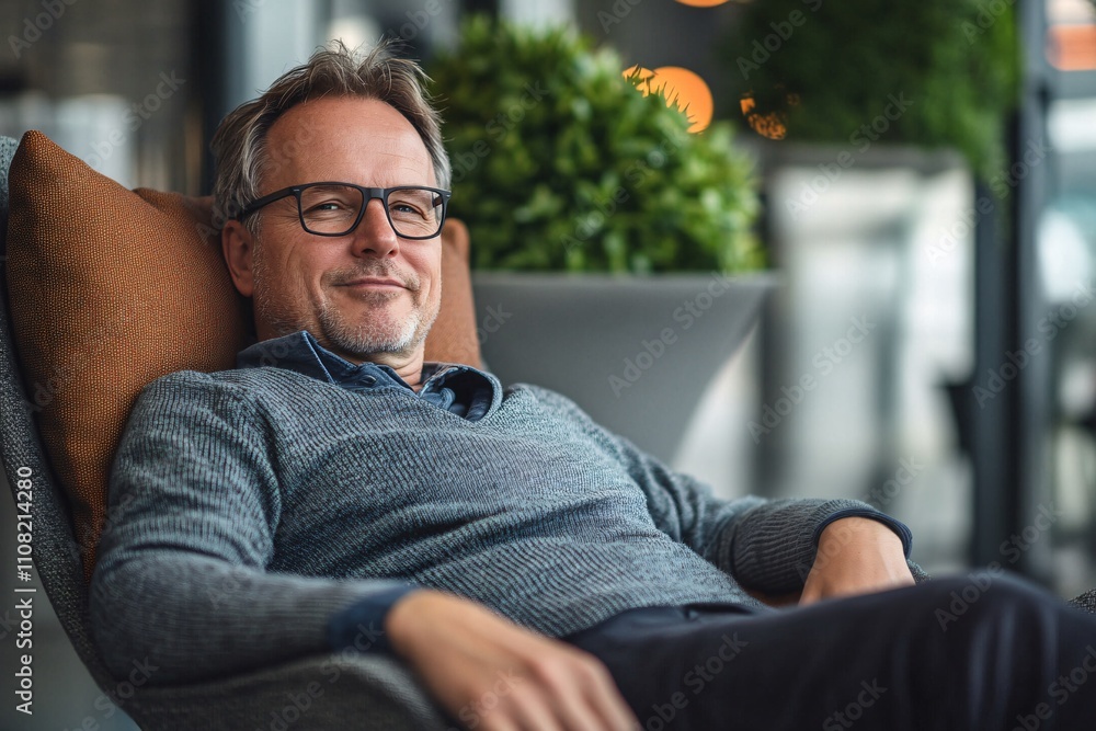 Fototapeta premium Middle-aged man with relaxed expression, casually reclined in a comfortable lounge chair at a modern airport lounge, natural lighting, daytime close-up view 8