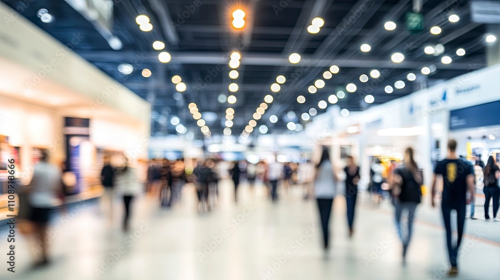 Obraz premium Exhibition blur background of convention hall event for business of tech expo, terminal or museum gallery lobby with blurry interior large corridor hallway white room empty space.