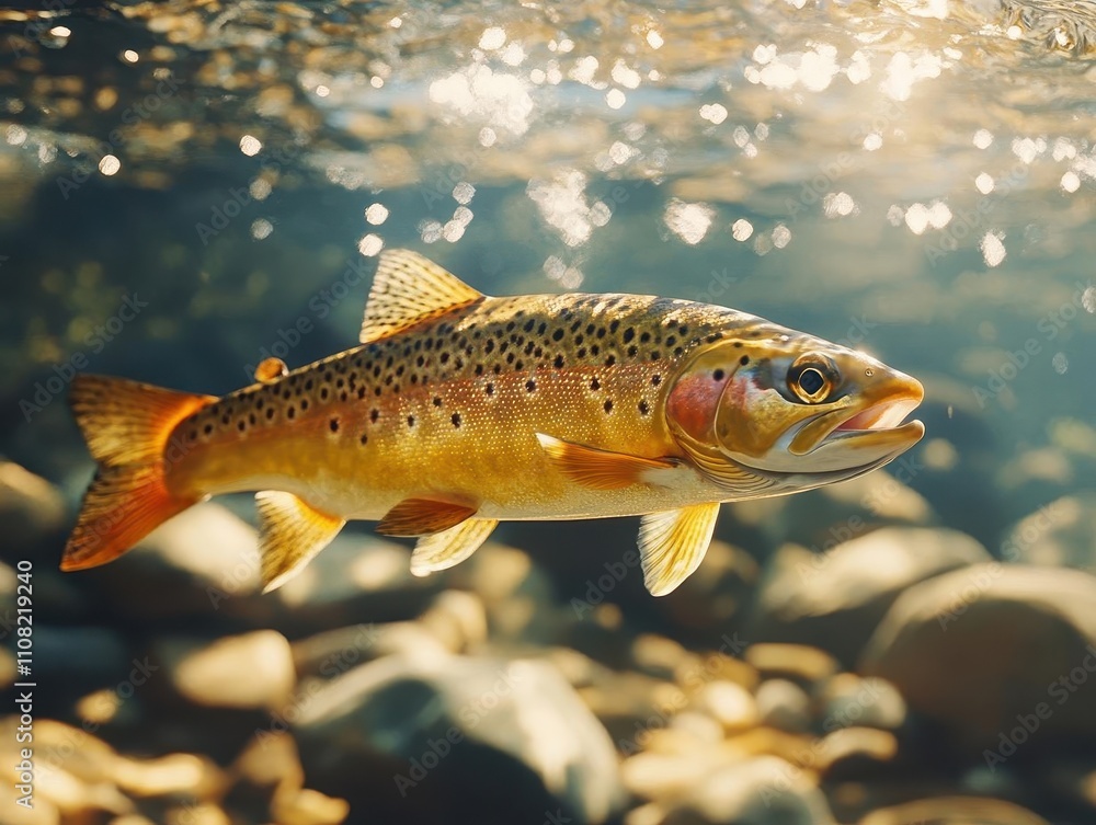 Trout leaping in a mountain stream, dynamic water motion, and glowing natural tones Trout leaping in a mountain stream, dynamic water motion, and glowing natural tones