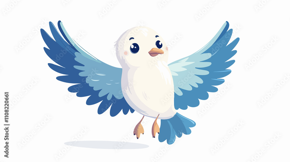Fototapeta premium Gull bird on sea in white and blue colors, Child's drawing of seashore