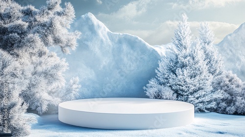 White podium displaying products in beautiful winter wonderland with snowy mountains