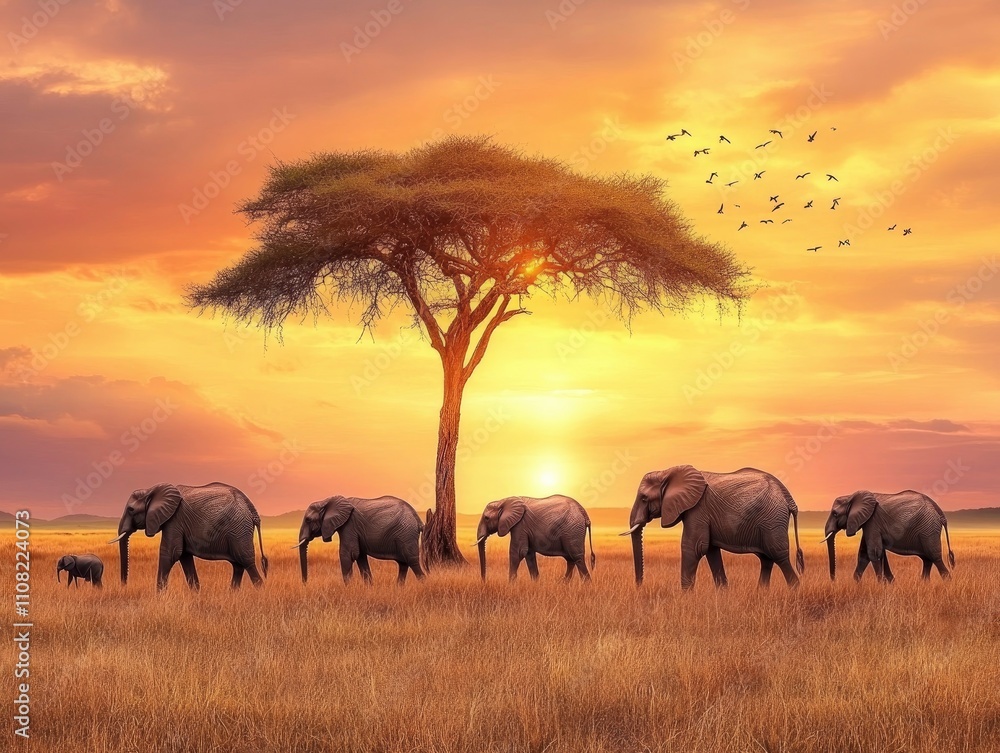 Fototapeta premium Serene African savannah with a lone acacia tree, a herd of elephants in the distance