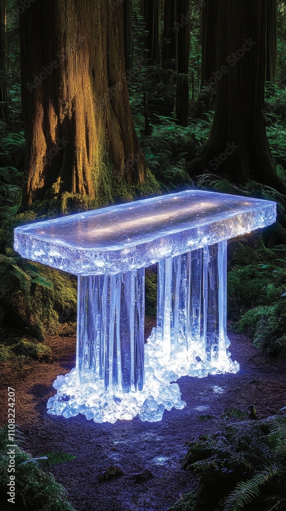 Fototapeta premium A glowing, ice table with four legs sits in a forest.