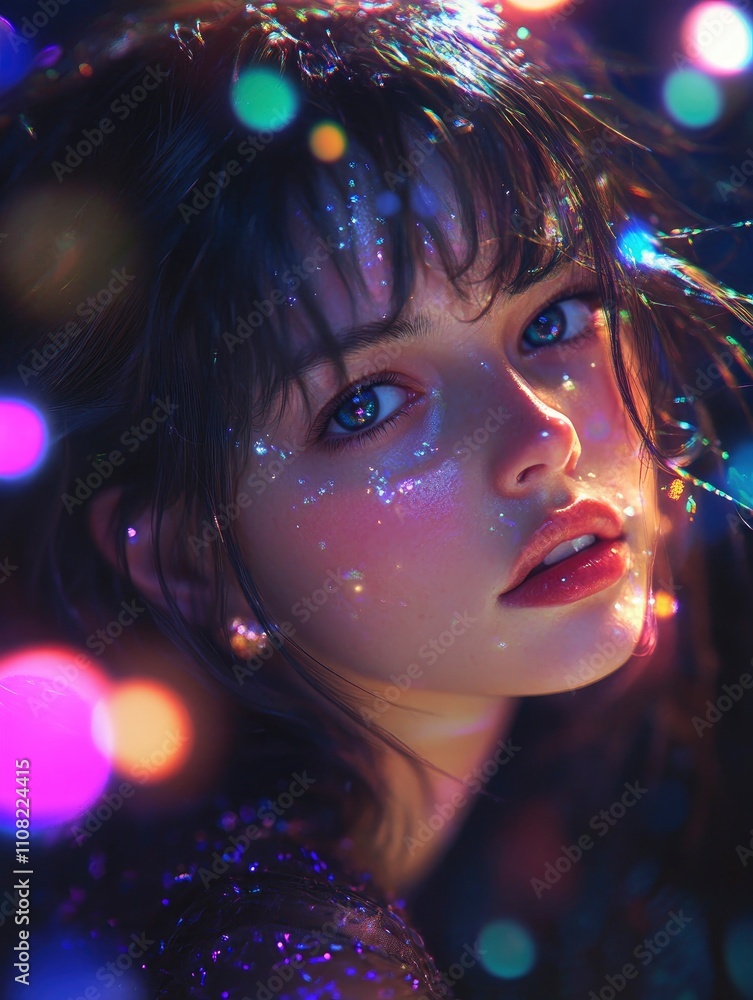 Sensitive female model portrait with a light magical glow around, shiny anime-style picture Sensitive female model portrait with a light magical glow around, shiny anime-style picture
