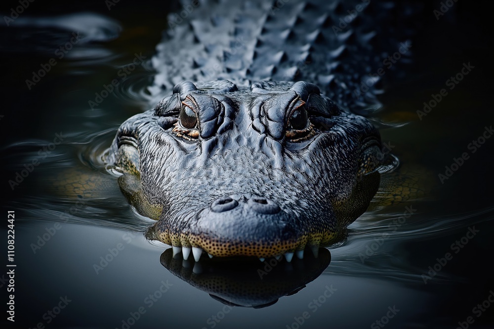 Obraz premium Alligator floats in water. Close-up photo. Animal balanced in water. Facial features expressive. Contrast emphasized. Nature photo. Wildlife subject. Dark water background. Aquatic creature. Focus on