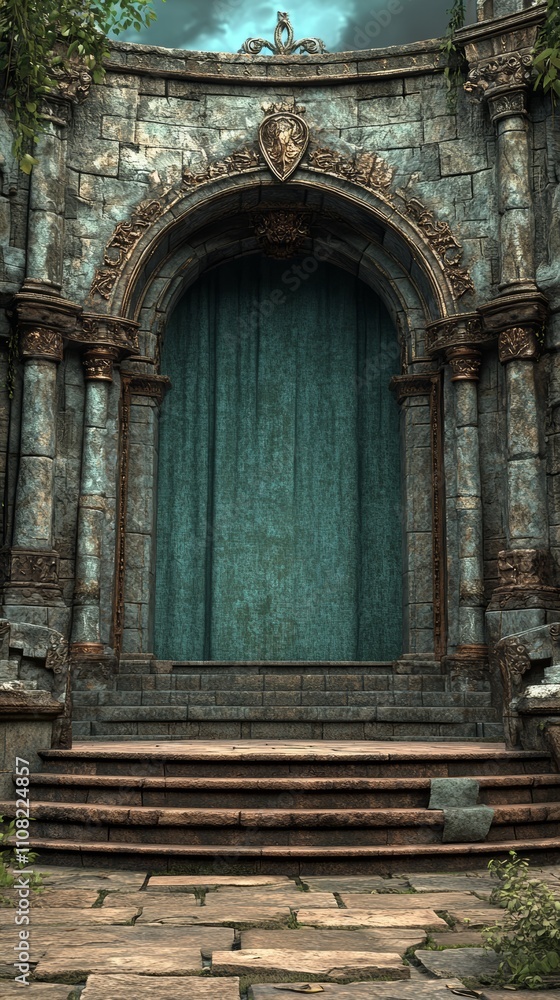 Fototapeta premium A grand, arched stone doorway with a teal curtain and steps leading up to it, set against a backdrop of lush foliage.