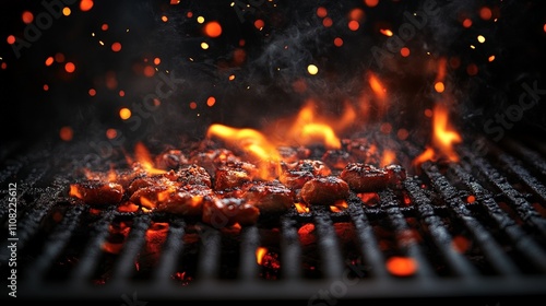 Grilled meat sizzling on a barbecue, surrounded by flames and smoke. photo