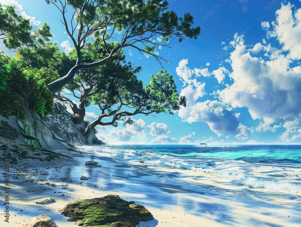 Beautiful beach scene with a tree in the foreground Beautiful beach scene with a tree in the foreground