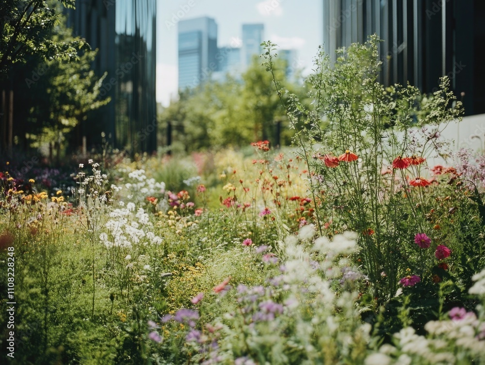 Obraz premium Field of flowers with a city in the background