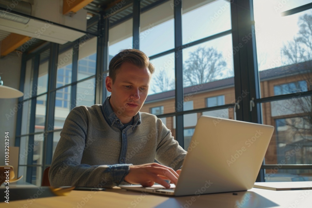 Fototapeta premium Man is sitting at a desk with a laptop open in front of him
