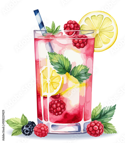 Hand drawn watercolor painting of a summer refreshing cold of a mocktail or cocktail with berries and lemon, raspberry lemonade isolated on white background.