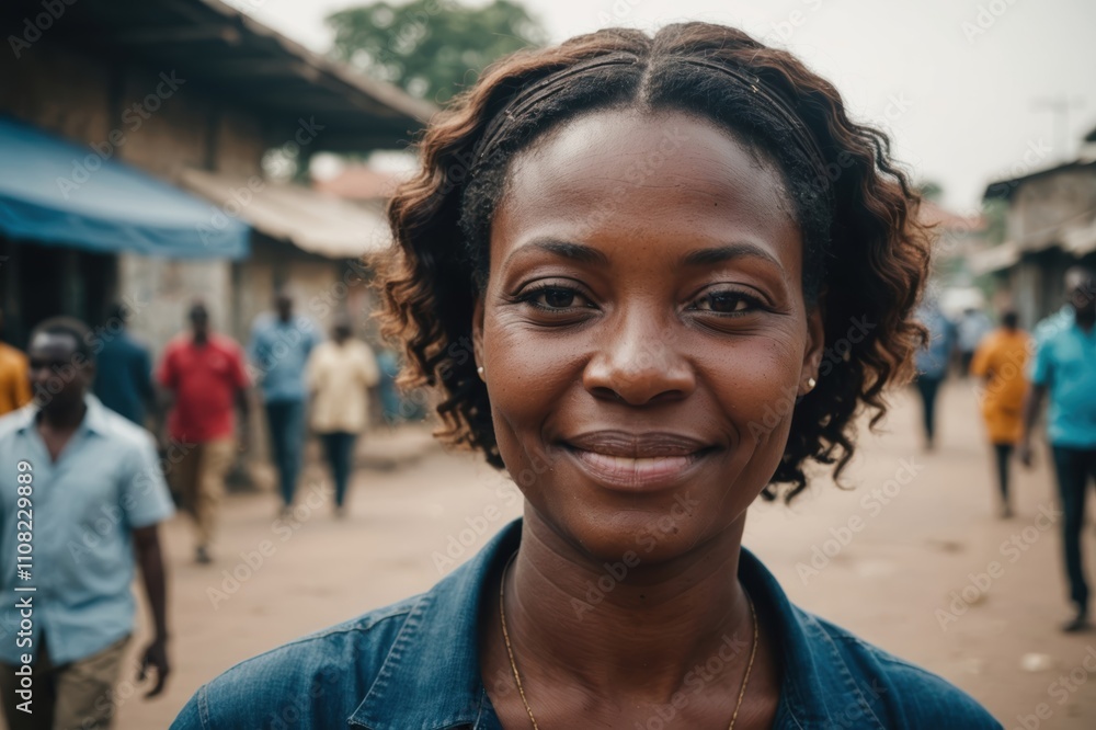 Fototapeta premium Close portrait of a smiling 40s Congolese woman looking at the camera, Congolese city outdoors blurred background