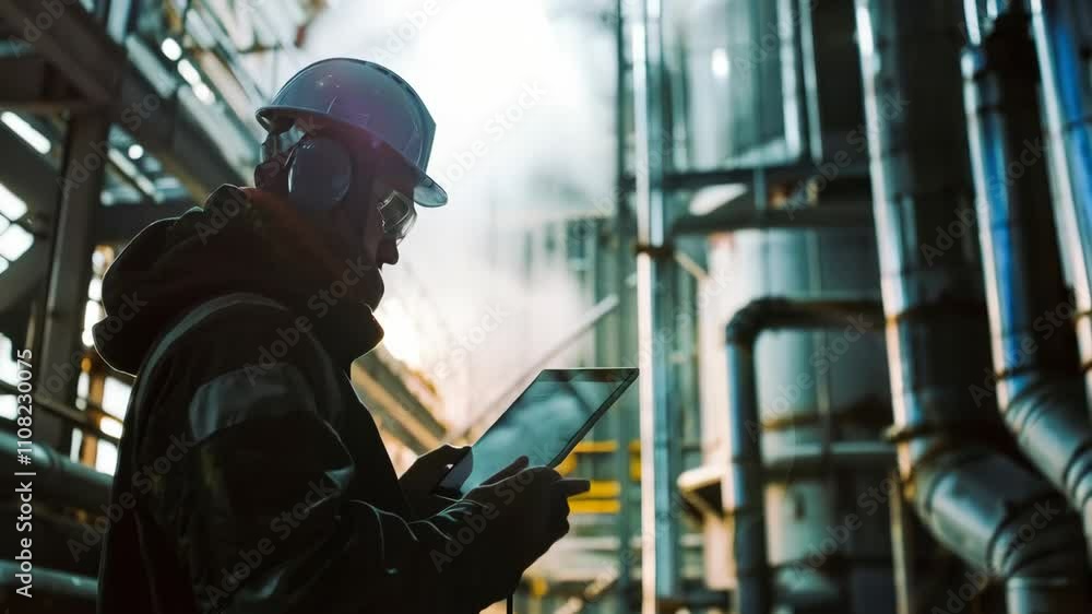 Engineer using a tablet in an industrial plant, wearing protective gear and inspecting equipment, highlighting technology in industrial settings. Engineer using a tablet in an industrial plant, wearing protective gear and inspecting equipment, highlighting technology in industrial settings.