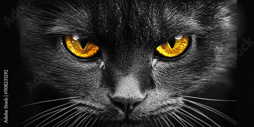 Black cat, yellow eyes, on a black background, hyper-realistic photograph photo