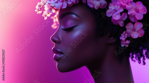 Elegant African woman with floral crown, showcasing beauty and confidence against a soft purple background. Emotive portrait highlighting femininity and style.