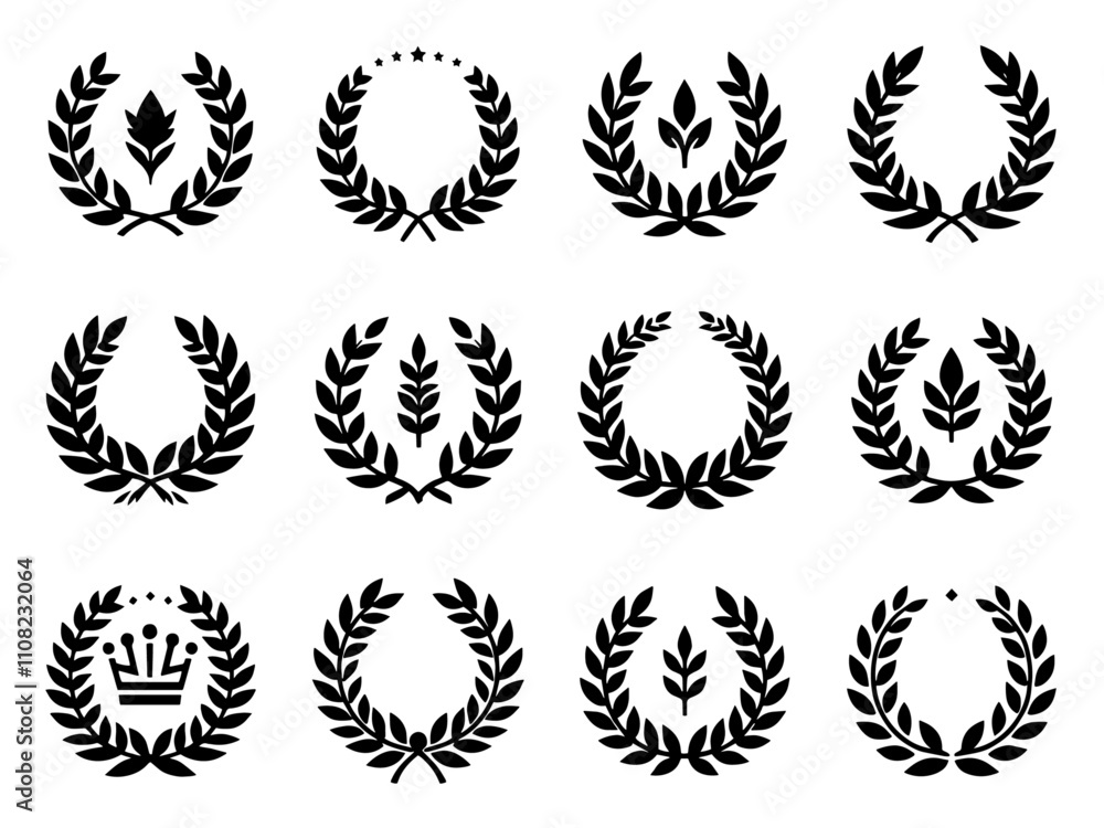 Obraz premium Collection of Twelve Black and White Laurel Wreaths Vector Icons Set