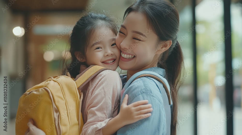 Mother And Daughter Embrace Happy School Day Mother And Daughter Embrace Happy School Day