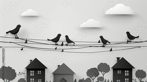 a simple black and white paper cutout of birds on power lines with houses 