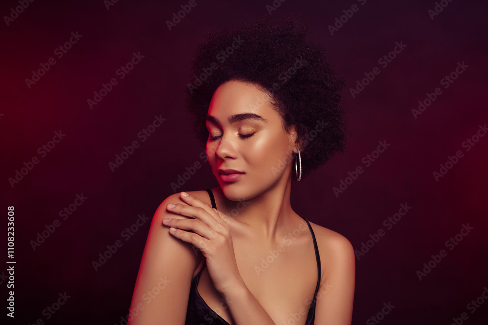 Fototapeta premium Photo of beautiful stunning lady hand touch flawless soft skin isolated on dark red color background