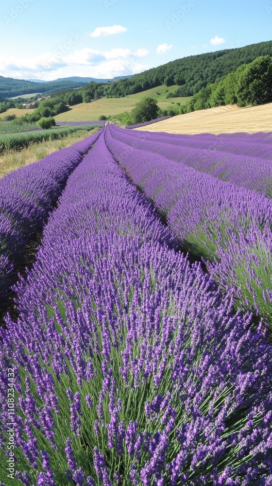 Obraz premium A scenic view of a lavender field with rows of purple flowers stretching towards the horizon, with a grassy field and blue sky in the background.