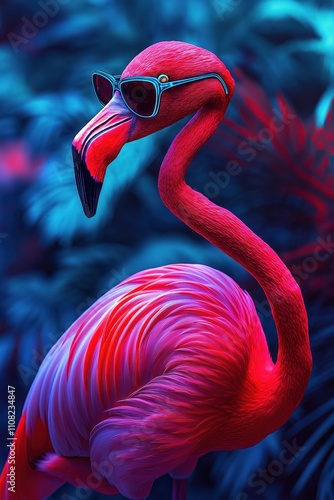 Pink flamingo with sunglasses stands upright in neon retro style against light crimson and dark azure background. Exotic bird in close-up view. Vibrant colors and stylish attitude create trendy image. photo