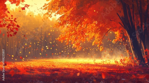 Autumnal Forest with Falling Leaves at Sunset