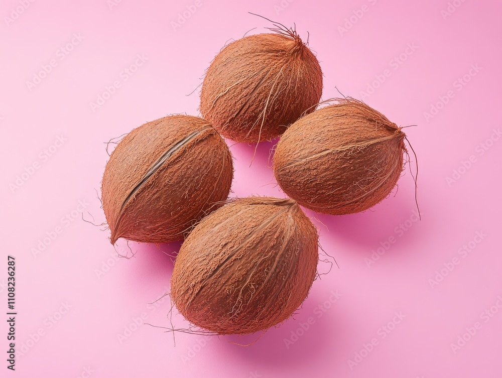 Four coconuts are sitting on a pink background Four coconuts are sitting on a pink background